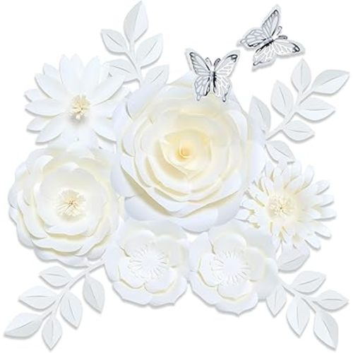Large White Roses Artificial Flowers, 3D Handmade Paper Flowers Decorations for Wall, Leaves and Butterfly Stickers, 14 Pc. Kit, Elegant Decor Nursery, Wedding and Baby Shower Décor