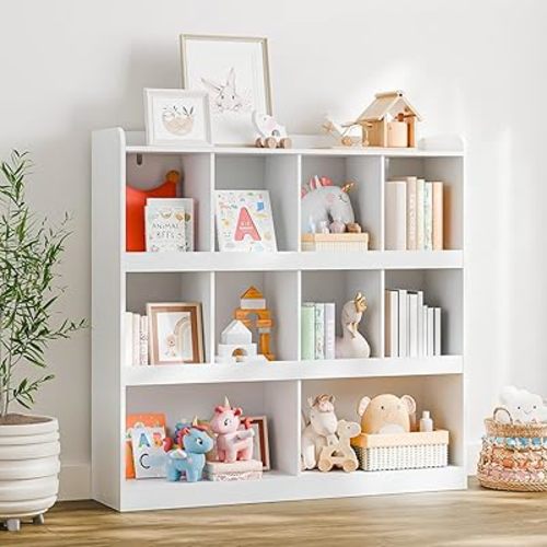 Cozy Castle Bookshelf, 3-Tier Open Bookshelf, 10 Cube Horizontal Bookcase, Storage Organizer with Anti-Tilt Device, Floor Standing Wood Bookcase for Home Office, Bedroom, Living Room, White