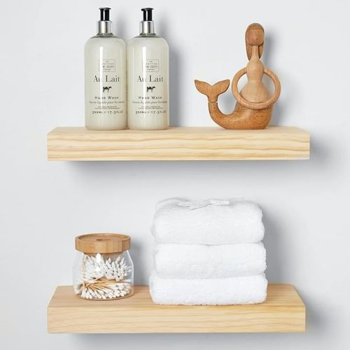 Homeforia Rustic Farmhouse Floating Shelves, Bathroom Wooden Shelves for Wall Mounted, Thick Industrial Kitchen Wood Shelf - 16 x 6.5 x 1.75 inch - Set of 2 - Unfinished - No Stain - DIY - Diy - Unfinished - No Stain - 16 inch