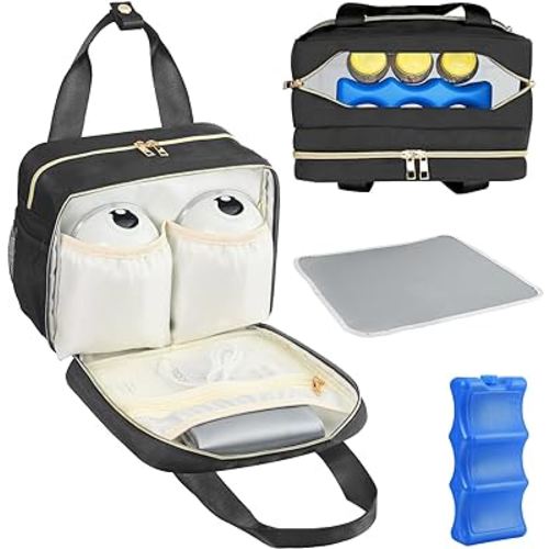 PIIOSER Breastmilk Cooler Bag with Ice Pack, Compatible with Wearable Breast Pumps & Accessories - Portable Pumps Carrying Case for Nursing & Working Moms, Black