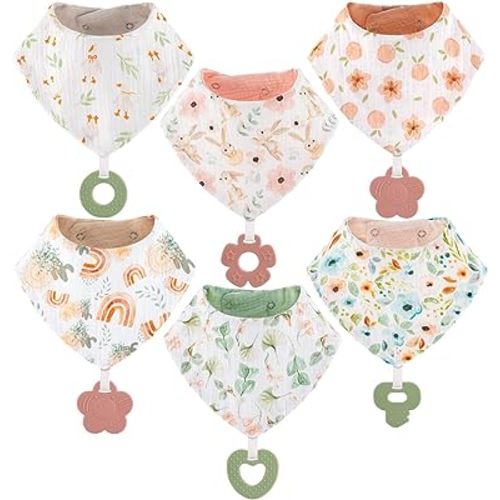 vuminbox Baby Bandana Drool Bibs 6-Pack and Teething Toys 6-Pack Made with 100% Organic Cotton, Absorbent and Soft Unisex