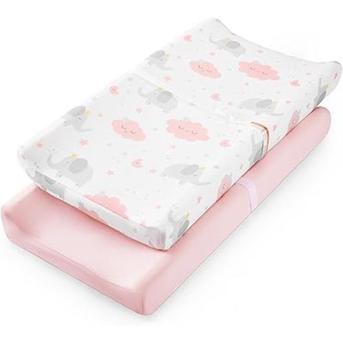 TILLYOU Changing Pad Cover Set in Soft Jersey Material - Fits 32"/34''x16 Contoured Pad for Babies,Elephant & Cloud, Pink