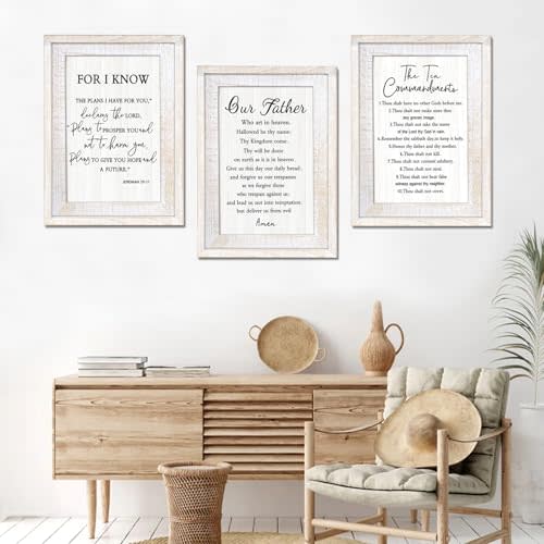 Vintage Rustic Bible Verse Framed Wall Art Set of 3, 11''×16'' Positive Religious Christian Quotes Saying Sign for God Jesus Christ Prayer, Vintage Cottagecore Inspirational Catholic Scripture Decor