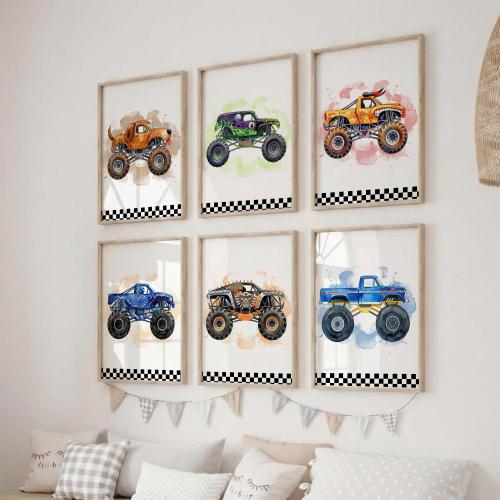 Monster Truck Nursery Wall Art Set of 6, Boy Room Decor, Racing Truck Kids Posters, Toddler Bedroom Prints, Vehicle Theme Wall Art
