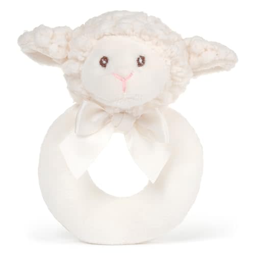 Bearington Collection Baby Lamby, 5.5 Inch Cream Lamb Plush Stuffed Animal, Soft Baby Rattles and Plush Rings