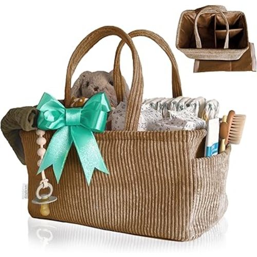 Newborn Essentials - Diaper Caddy for Car and Travel, Unisex Baby Gifts, Organizer Basket (Teddy Bear Brown)