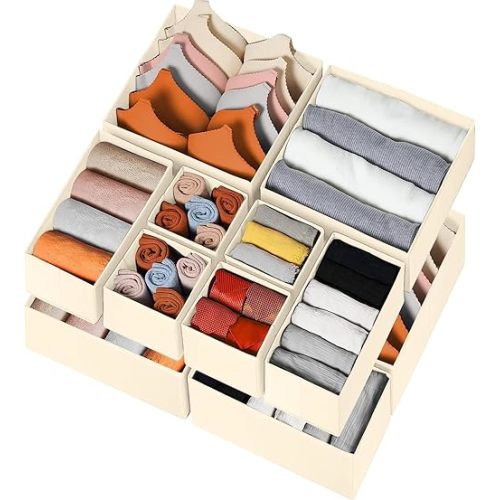 Criusia Drawer Organizer Clothes 12 Pack, Dresser Organizer for Nursery Bedroom Closet Organization and Storage - Baby Clothes Organizer Bins - Drawer Divider for Sock Underwear Bra Ties (Beige)