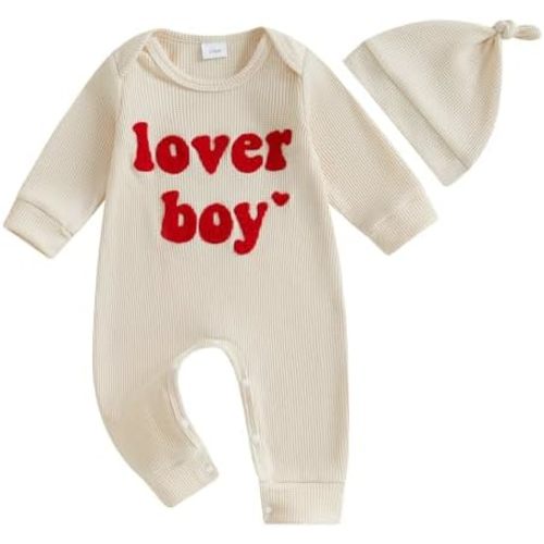 Lesimsam Newborn Infant Baby Boy Valentines Day Outfit Letter Embroidery Long Sleeve Waffle Knit Romper Jumpsuit with Hat