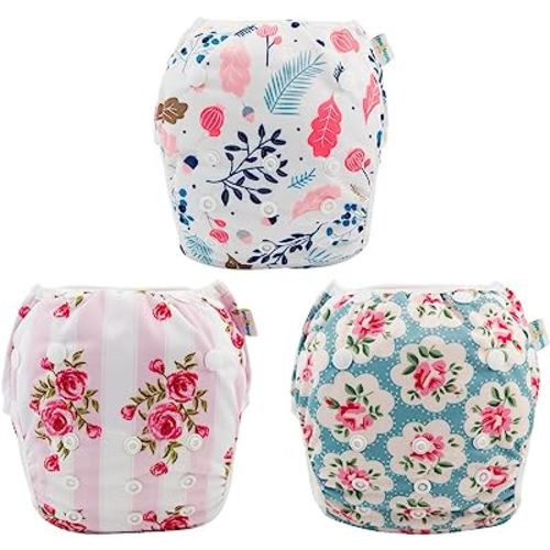 Babygoal Baby Girl Swim Diapers 3 Pack for 8M-3T Babies and Toddlers, Reusable Adjustable Washable for Swimming Lessons-Flower