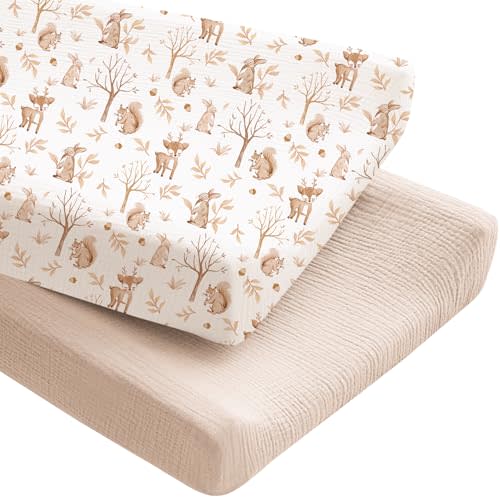 Konssy 2 Pack Muslin Changing Pad Covers for Boys, Ultra Soft & Breathable Cotton Baby Diaper Changing Table Covers, Neutral Nursery Diaper Changing Pad Sheets (Fall Forest,Wheat)