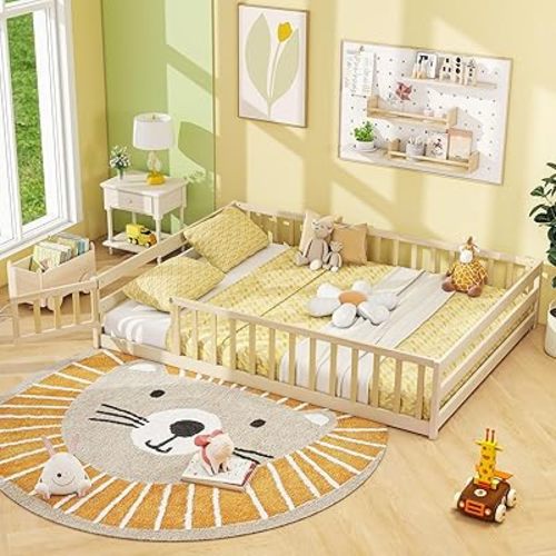 Giantex Full Floor Bed with Door & Fence, Kids Wood Montessori Beds with Safety Guardrails, Floor Bed Twin for Kids, Boys, Girls, No Box Spring Needed, Natural