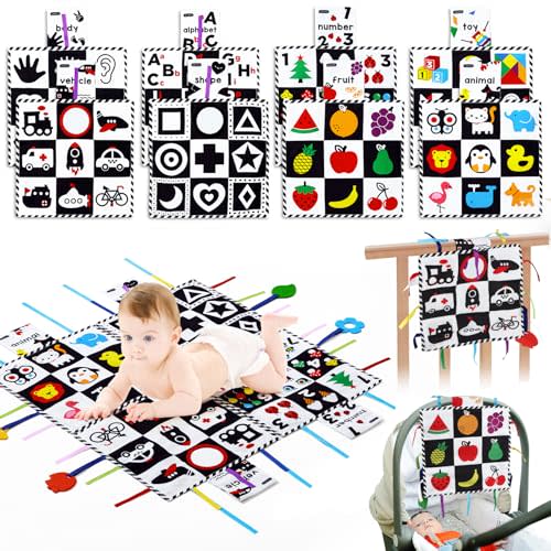 beiens Baby Toys 0-6 Months, Tummy Time Crinkle Mats with Mirror, Black and White High Contrast Sensory Toys for 0-6-12-18 Months Toddler Newborn, Play Mats, Stocking Stuffers