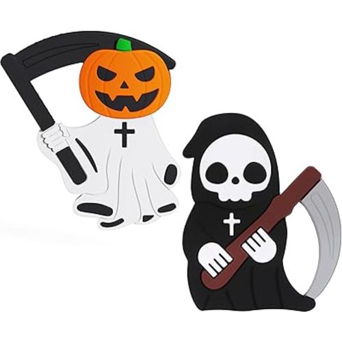 Halloween Baby Teething Toys 2Pack–Pumpkin Ghost & Grim Reaper Silicone Teethers for Newborns, Infants & Toddlers–Sensory Chew Toys for Teething Relief–Perfect Baby’s First Halloween Basket Stuffers