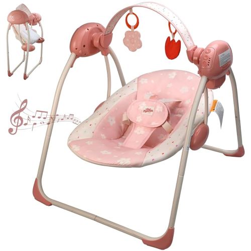 Baby Swings for Infants, Tiny Marvels Portable Swing with Adaptable Speed, Music, Removable-Toy-Bar, Foldable Infant Swing for Indoor and Outdoor Use, 0-9 Months 6-20 lbs(Blush Bloom)