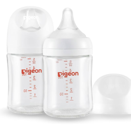 Pigeon Glass Nursing Bottle Wide Neck, Anti-Colic, Streamlined Body, Natural Feel, Easy to Clean, Heat-Resistant, 5.4 Oz (Pack of 2), Includes 2pcs SS Nipples (0m+)