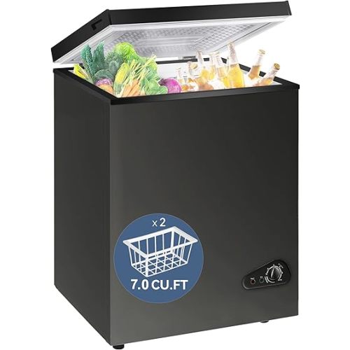 7.0 Cu Ft Chest Freezer - Energy Saving Quiet Top Open Door Mini Freezer Adjustable 6 Thermostat - Compact Small Deep Freezer w/Removable Basket and Defrost Water Drain for Home/Apartment/Garage