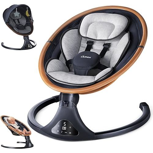 LAREX Baby Swings for Infants to Toddler-Electric Bluetooth Infant Swing with Remote Control, Rocker with 5 Speeds, 5-Point Harness,3 Seat Positions (Gray)