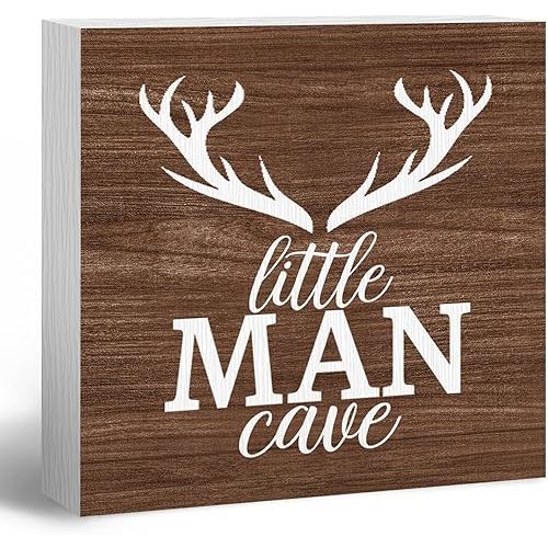 Little Man Cave Sign for Boys, Boy Nursery Desk Decor, Vintage Rustic Farmhouse Antlers Deer Wood Block Box Sign Plaque for Woodland Forest Nursery Baby Home Bedroom Living Room Shelf Decor