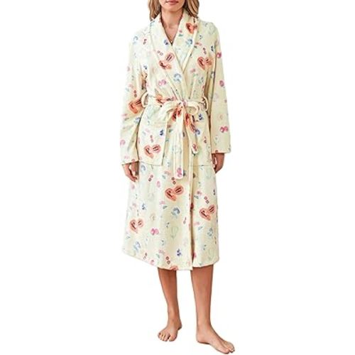 Owl's-Yard Women's Soft Summer Dressing Gown Floral Fruit Print Plush Shawl Collar Bathrobe Warm Lounge Robe with Belt