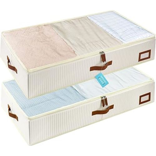OrganiHaus Under Bed Storage Containers, Bedroom Storage and Organization Bins, Clothes Organizer for Closet with Clear Cover and Reinforced Handles - Set of 2 33x17x6 inches White Striped