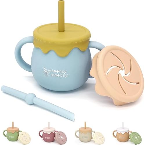 Honey Jar Pot 3-in-1 Silicone Training Cup 8.5oz, Baby Sippy Cup with Straw & Snack Cup for 6 months+ Straw Cup for Baby Boy Gift, Open Cup Toddler Smoothie Cup (Honey Jar Blue)