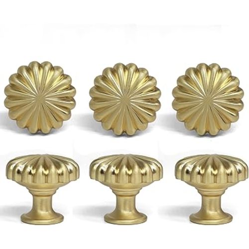 6 Pack Brushed Brass Cabinet Knobs Pulls Vintage Cupboard Dresser Knob Modern Simple Gold Drawer Handles Single Hole Pumpkin Knobs