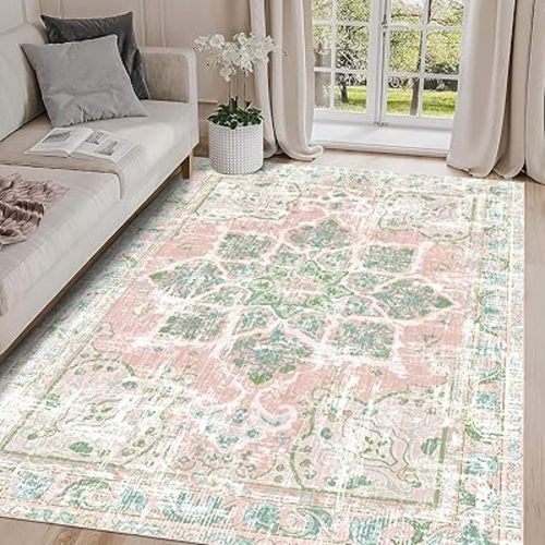 Vhong Boho Area Rugs Vintage Washable Neutral Modern Dusty Pink and Green 5x7 Non Slip Carpet for Nursery Living Room Dining Room Bedroom Farmhouse Girls'Room