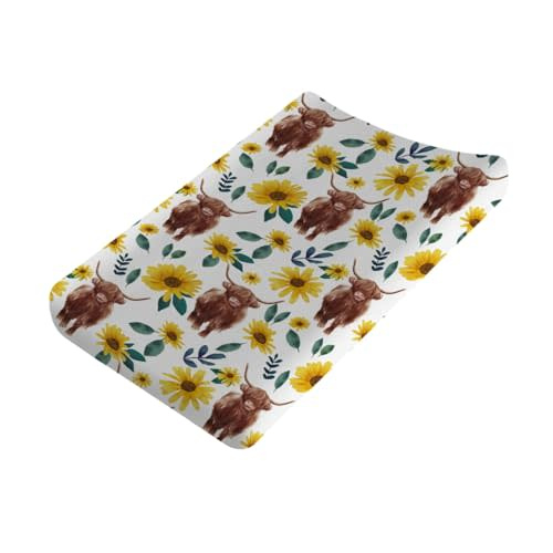Highland Cows Floral Changing Pad Covers Highland Yak Flowers Leaves Diaper Change Table Pad Covers for Baby Girls and Boys Soft Breathable Stretch Changing Table Cover 32''x16'' Sunflowers