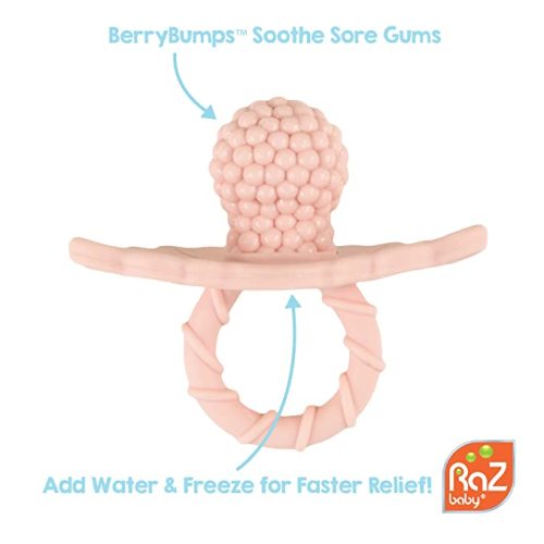 RaZbaby RaZberry Silicone Baby Teether Toy - Berrybumps Soothe Babies Sore Gums - Infant Teething Toy - Hands Free Design - BPA Free - Easy-to-Hold Design - Teething Relief Pacifier - Fruit Shape/Pink