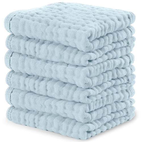 Comfy Cubs Muslin Baby Washcloths 6 Pack - Soft 6-Layer Cotton Wash Cloths for Sensitive Skin - 10"x10" Large, Gentle, Absorbent Infant Essentials for Newborn and Toddlers - Sky Blue