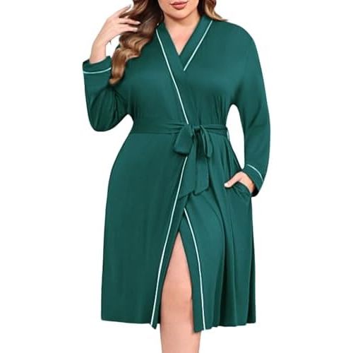 Ekouaer Plus Size Robes for Women Lightweight Bathrobe V Neck Kimono Loungewear Soft Maternity Robes with Pockets 1X-5X