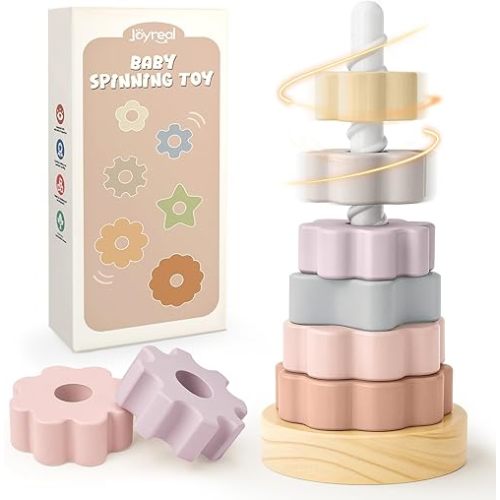 Joyreal Wooden Spinning Stacking Toys, Neutral Ring Stacker Montessori Toys for Toddlers 1-3, Christmas Birthday Gifts for Boys Girls