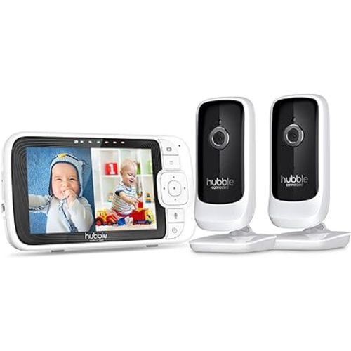 Hubble Connected Nursery Pal Link Premium Twin Smart Wi-Fi Enabled Baby Monitor with 2 camera units, Large 5-inch color parent unit viewer, preloaded soothing sounds, white noise, wall mount, white
