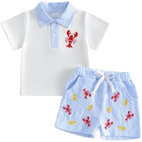 Toddler Baby Boy Summer Outfit Infant Lobster Embroidery T-Shirt Short Sleeve Tops Shorts Casual Boys 2pcs Outfits