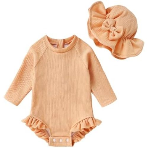 YOUNGER TREE Infant Baby Girls Swimsuit Long Sleeve Swimsuits One Piece Swimsuit Solid Color Bathing Suit with Hat, UPF 50+