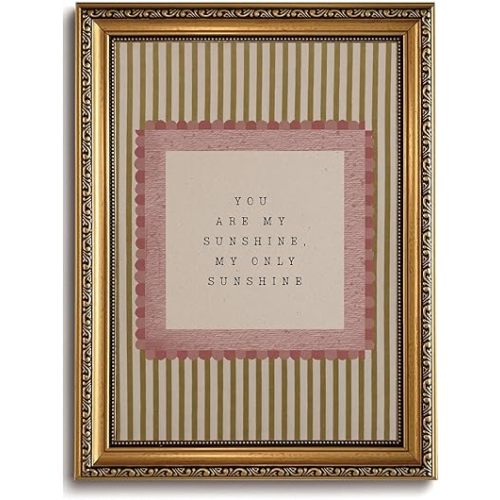 Vintage Gold Framed Wall Art You Are My Sunshine Canvas Print, Retro Pink Striped Nursery Decor, Coquette Preppy Typography Quote Picture for Baby Girl Boy Room 8x10 Inch