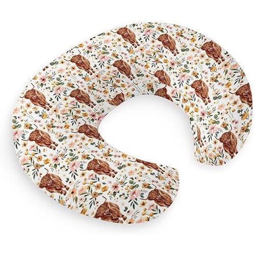 HawSkgFub Highland Cow Pink Floral Nursing Pillow Cover for Baby Girl, Boho Retro Flower Western Farm Animal Yak Breastfeeding Pillow Slipcover, Cow Lover Nursing Pillowcase Newborn Infant, Cover Only