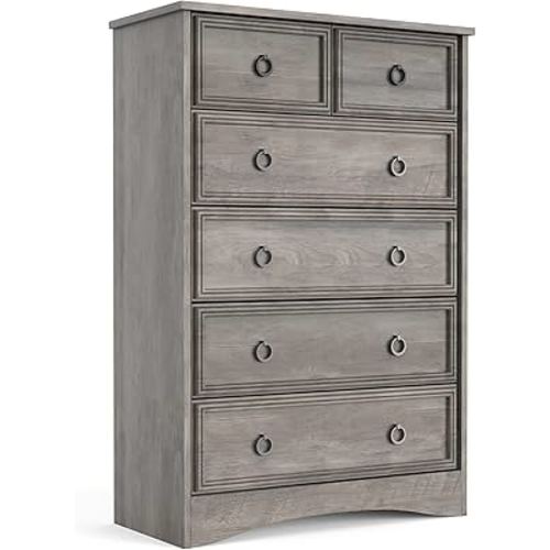 LGHM Modern 6 Drawer Dresser, Dressers for Bedroom, Tall Chest of Drawers Closet Organizers & Storage Clothes - Easy Pull Handle, Textured Borders Living Room, Hallway, Gray