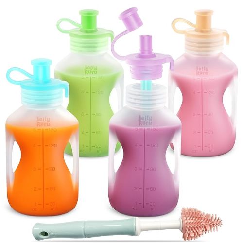 Silicone Reusable Baby Food Pouches with Straws, Leakproof Refillable Squeeze Pouches, Dishwasher, Freezer, Microwave Safe, Baby Food Storage for Homemade Puree, Yogurt (one size, Count, 4)