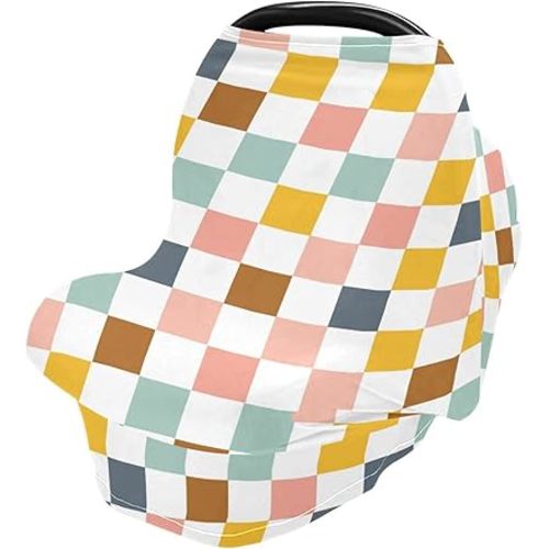 Geometric Colorful Checkered Baby Car Seat Covers Checkerboard Plaid Carseat Canopy Soft Infant Stroller Cover Nursing Breastfeeding Covers for Girls Boys Newborn Fit Summer Spring Autumn