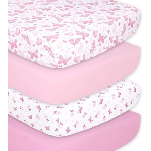 The Peanutshell 4-Pack Fitted Crib Sheet Set - Super Soft & Breathable Baby Girl Crib Sheets, Nursery Decor, Fit for Standard Crib Mattress Sheet - Butterfly