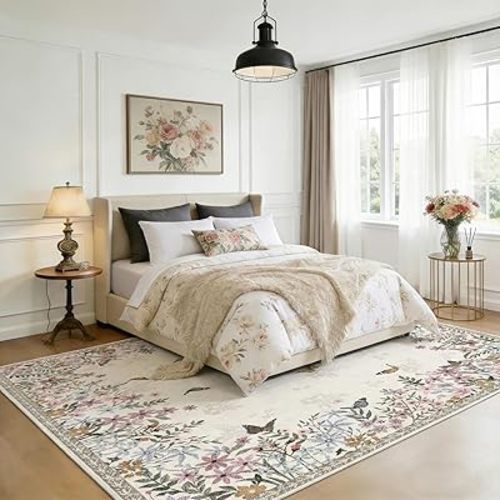 6x9 Beige Floral Rug for Living Room, Machine Washable Area Rugs with Non Slip Backing for Girls Bedroom, Cute Flowers Carpet Kitchen Dining Room Kids Playroom Decor