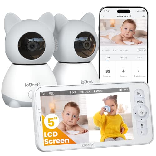 ieGeek Baby Monitor with 2 Cameras, 5" Large Screen Split-Screen Video Baby Monitor | 2K HD Non-WiFi Monitor with App & Parent Unit | Night Vision, 2-Way Audio, Cry Detection, Temperature Sensor
