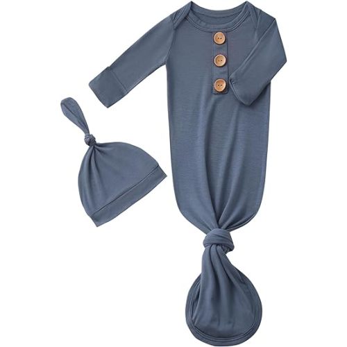 Newborn Baby Boys Girls Knotted Gown Hat Set Soft Bamboo Viscose Infant Sleeper Baby Sleep Gown with Mittens