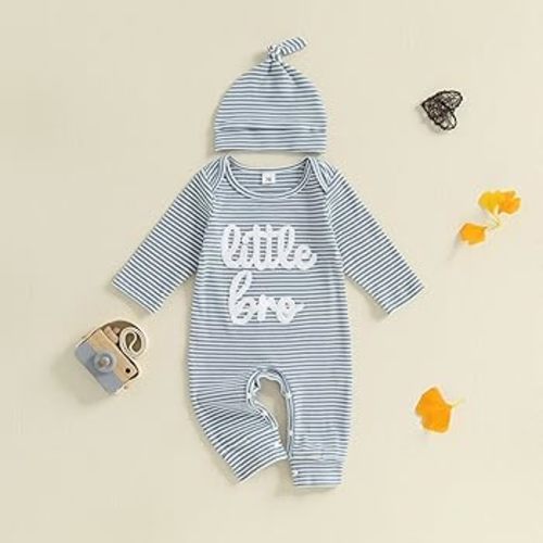 Amazon.com: pengnight Baby Boy Clothes Little Bro Newborn Outfit Ribbed Knit Long Sleeve Baby Brother Romper Striped Bodysuit with Hat (Coffee, Newborn): Clothing, Shoes & Jewelry