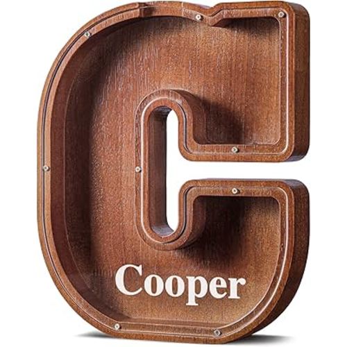 Summidate Customized Name Extra Large Wooden Piggy Bank for Kids Boys Girls Alphabets Letter A-Z Coins Bills Money Change Saving Box Clear Cover (Laser Engraved) Educational Toys 12"- Letter C