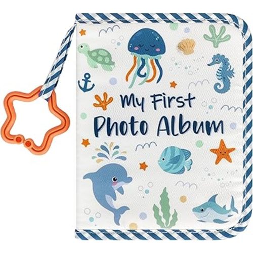 Baby's First Family Album - Soft Cloth Photo Book Gift Set with Baby-Safe Mirror | 5.5x7 Inch Holds 17 Photos Fabric Memory Book for Newborns, Toddlers, Baby Showers