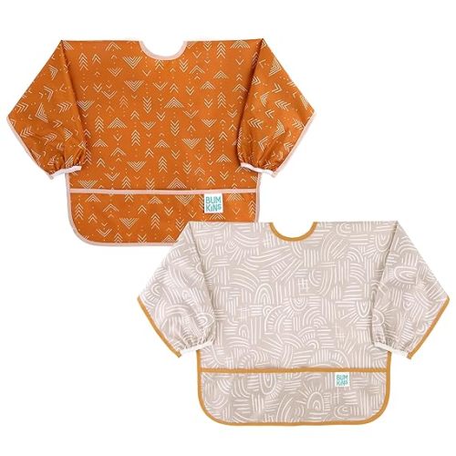 Bumkins Sleeved Bib for Girl or Boy, Baby and Toddler for 6-24 Mos, Essential Must Have for Eating, Feeding, Baby Led Weaning Supplies, Long Sleeve Mess Saving Food Catcher, 2-pk Desert Boho - D1 Grounded & Wander