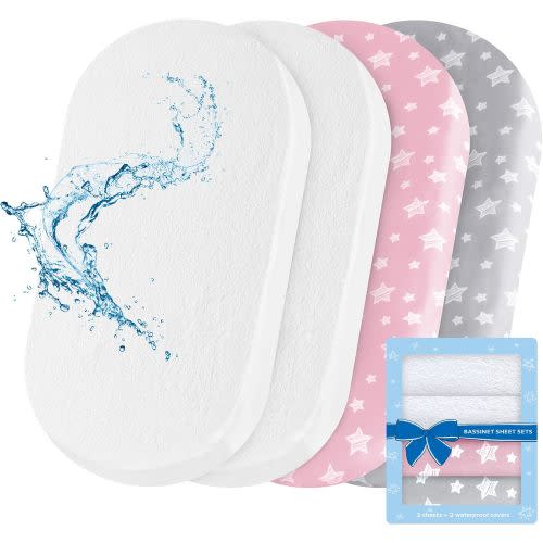 Bassinet Sheets & Waterproof Bassinet Mattress Pad Protector 4 Pack Set, Universal Fit for Oval, Hourglass and Rectangular Mattress, Grey & Pink