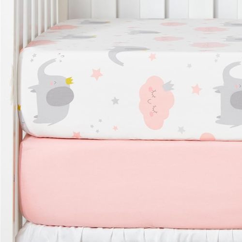 TILLYOU 2 Pack Fitted Crib Sheet Set - 100% Natural Cotton Toddler Bed Mattress Sheets,Standard 28”x 52”, Elephants Clouds&Pink - 2-pack Elephants Clouds&pink - crib sheet